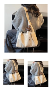 Detail of beige faux suede tote bag featuring front pockets and decorative mini pouch