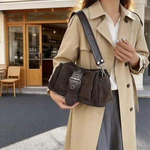 Retro PU Wildlederoptik Unterarm Schultertasche Große Metallschnalle Ösen Plissee Umhängetasche Für Damen Casual