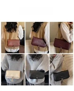 Détails du petit sac carré tendance avec de longs glands et une bandoulière chaîne