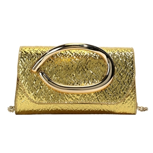 Elegant gold snake texture evening bag with large C-ring buckle and chain strap