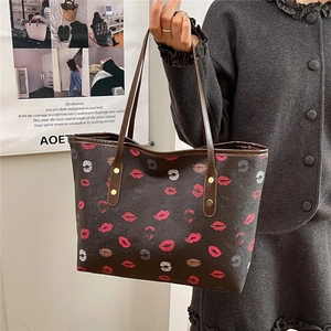 Brown tote bag with colorful lip pattern and leather straps for college women