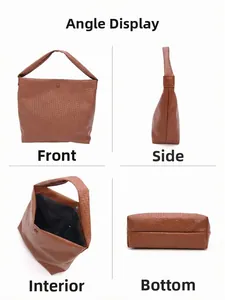 Vues détaillées du sac fourre-tout tressé marron montrant la doublure et la texture
