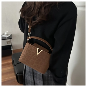 Detail view of brown leopard print square bag with golden V-shaped metal buckle on the flap