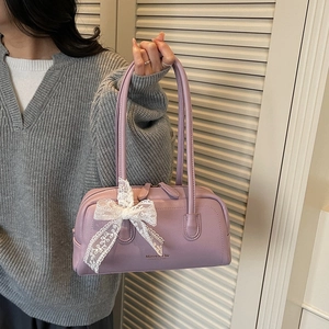 Women Boston Bag Elegant Lychee Texture PU Leather Underarm Shoulder Handbag With Lace Bow Sweet Chic Timeless Style