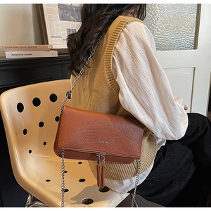 Brown litchi leather crossbody bag with silver chain and dual tassel zippers on model