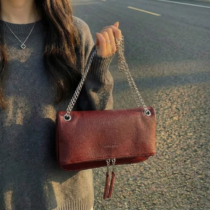 Borsa A Spalla Donna Pelle PU Motivo Litchi Catena Metallica Tracolla Quadrata Patta Nappa Cerniera Moda Versatile