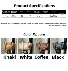 Detailed size chart and specifications for the large capacity PU tote bag showing dimensions