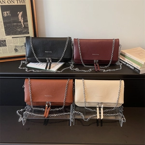 Litchi pattern crossbody bags with chain straps in black, burgundy, brown and beige colors