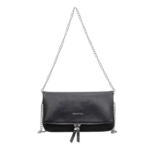 Fashionable black litchi grain shoulder bag with silver chain and fringe details