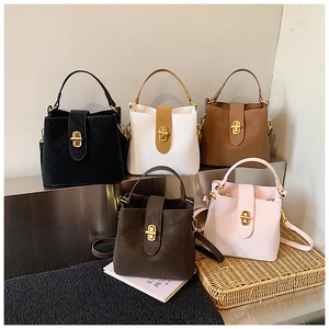 Retro soft leather bucket bag collection in five colors with vintage gold metal buckles