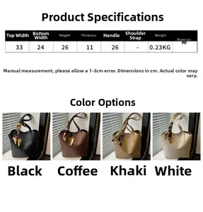Size chart and dimensions for the PU leather bucket bag with silk scarf accessory