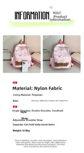 Pink nylon backpack detail showing dimensions 24x10x31cm and cartoon bear patches