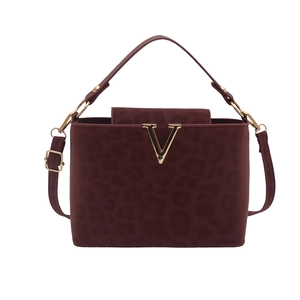 Leopard print burgundy handbag with gold V hardware and detachable shoulder strap