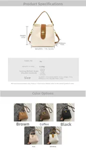 Size chart and technical specs for PU leather bucket bag with dimensions and five color options