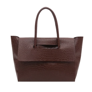 Deep brown crocodile embossed tote bag with flap closure and slender handles in a frontal view