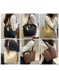 Collage of leather tote bags in four colors with decorative silk scarves on the handles