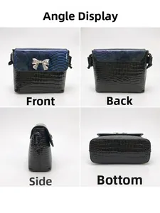Detailed views showing the front, back, side and bottom of this snake print crossbody bag