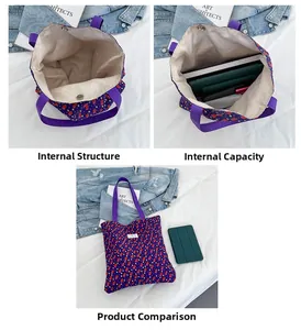 Deep purple floral canvas tote with magnetic buckle and spacious interior capacity
