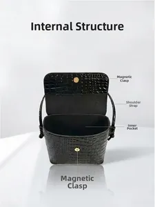 Detail view of the crocodile pattern bucket bag showing magnetic closure and interior pockets