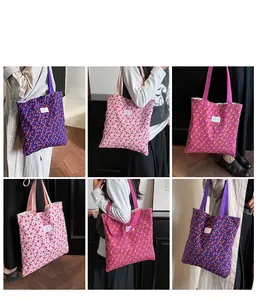 Multiple views of a quilted floral tote bag showing blue, pink, and peach colors on model