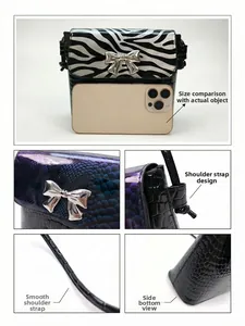 Detail view of mini zebra print crossbody bag with silver bow buckle and strap close-ups