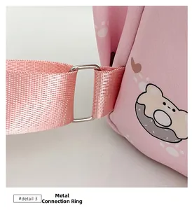 Close-up of durable metal hardware connection ring on a pink cartoon backpack strap