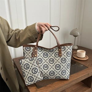 Women Fashion Monogram Tote Bag And Pouch Large Capacity Canvas Synthetic Leather Handbag For Commuting Work
