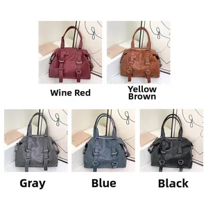 Collage of soft PU leather tote bags showing burgundy, yellow-brown, grey, blue, and black