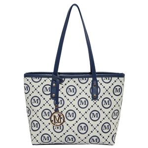 Sac cabas bleu marine et crème avec pendentif M doré et motif monogramme élégant