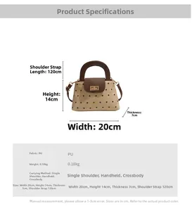 Size chart showing dimensions for retro polka dot handbag with PU material specs