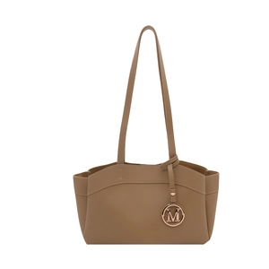 Khaki leather tote bag with contrast stitching and golden M pendant on white background