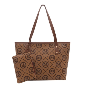Brown monogram tote bag set with matching coin purse and slim shoulder straps