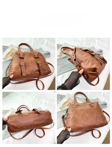 Detailed views of vintage brown PU leather handbag with multi-angle structural close-ups