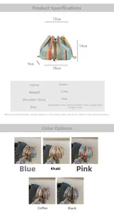Detailed view of striped straw bucket bag showing dimensions and five color variations