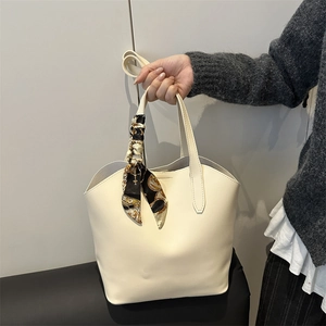 Off-white tote bag with silk scarf detail, large capacity shoulder bag for women