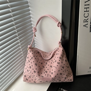Women PU Printed Heart Bowknot Tote Bag Large Capacity Minimalist Shoulder Bag With Knot Strap Fashion Commute Daily Bag