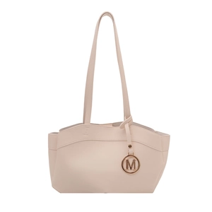 Elegant beige tote bag with a wave-shaped top edge and gold M-pendant decoration