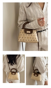 Polka dot handbag with golden lock clasp shown in various crossbody and hand-carried angles