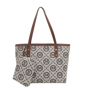 Classic patterned tote bag with matching pouch, beige fabric and brown leather straps