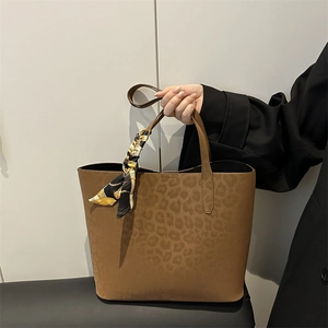 Brown leopard print large tote bag with silk scarf accessory for women office commuting