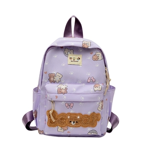 Lavender purple school backpack with cute cartoon bear print and large capacity