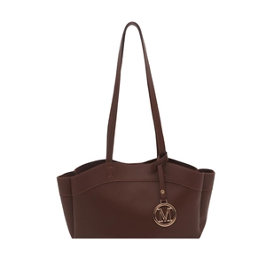 Brown leather tote bag for women with gold M-letter charm and spacious interior
