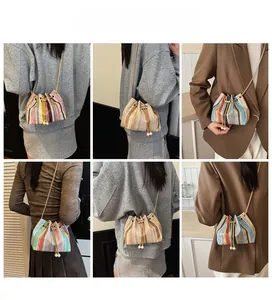Collage of woven bucket bags with drawstring closure and elegant pearl chain straps