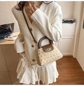 Detailed view of polka dot crossbody bag with leather handle and metal twist lock