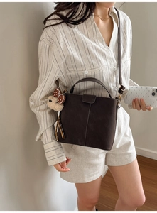 Detail der dunkelbraunen Retro-Eimertasche mit Bärenanhänger und goldener Hardware