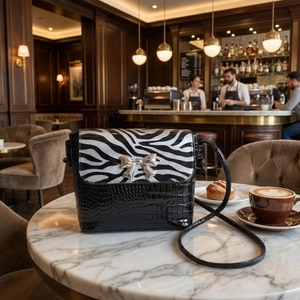 Zebra print flap handbag with crocodile pattern and silver bow on marble table