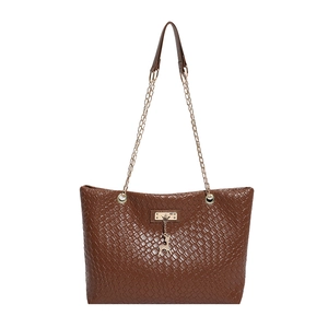 Brown woven leather tote bag featuring a gold deer charm and elegant chain shoulder strap