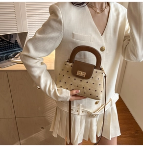 Detailed close-up of a polka dot handbag with a golden rotating lock and brand logo