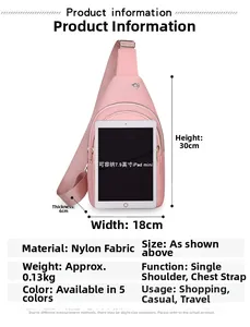 Pink nylon sling bag size diagram showing storage capacity for 7.9 inch tablet