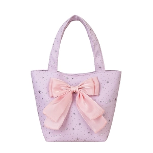 Bolso tote de lona lavanda con estrellas plateadas y un gran lazo de satén rosa